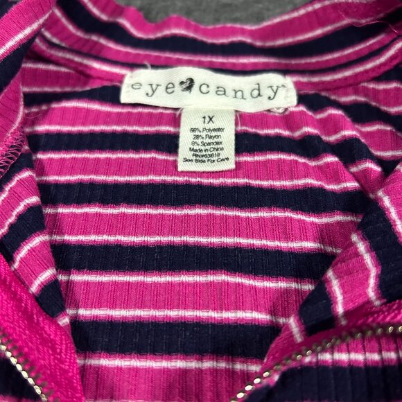 Vtg 90s Y2k Eye Candy Pink Black Stripe Rib Knit Mock Neck Top Ring Pull Size 1X - Picture 2 of 9